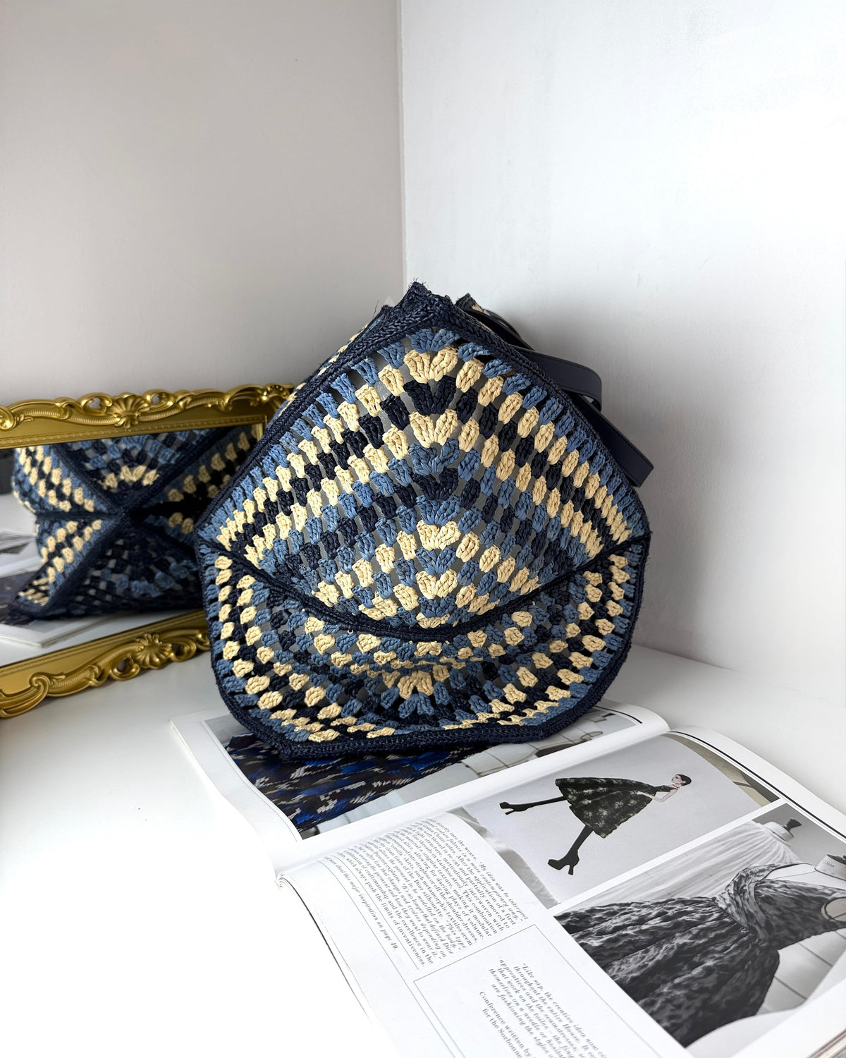 Loewe XL Puzzle Fold Tote in Raffia - Navy, Sky Blue - View 4