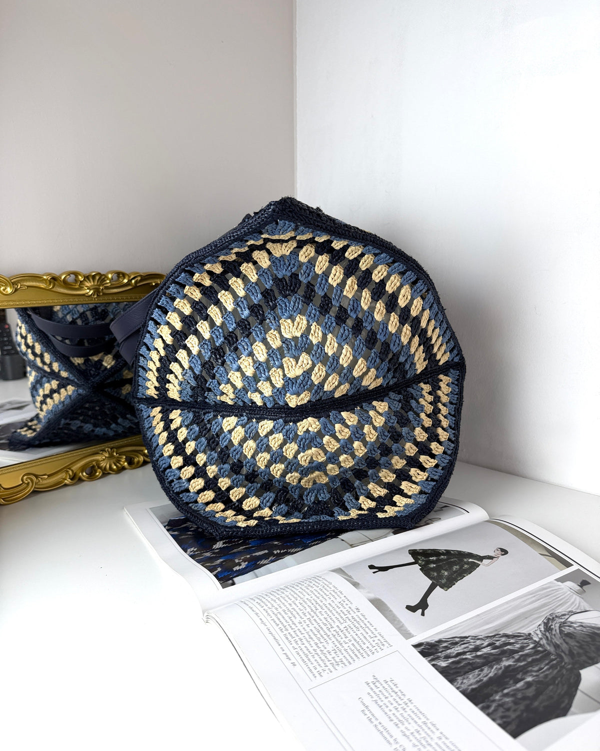 Loewe XL Puzzle Fold Tote in Raffia - Navy, Sky Blue - View 3