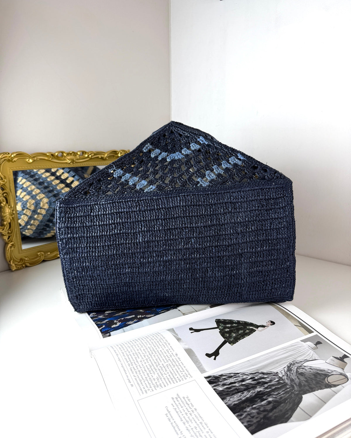Loewe XL Puzzle Fold Tote in Raffia - Navy, Sky Blue - View 5