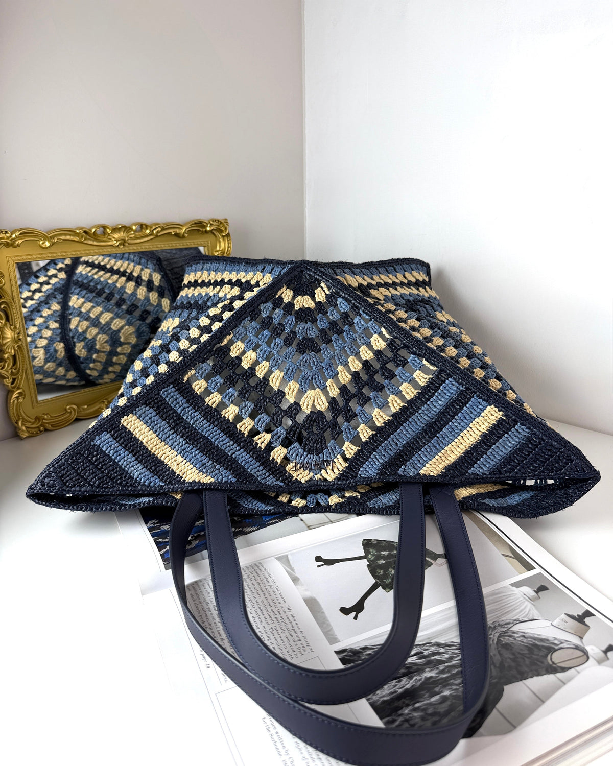 Loewe XL Puzzle Fold Tote in Raffia - Navy, Sky Blue - View 6