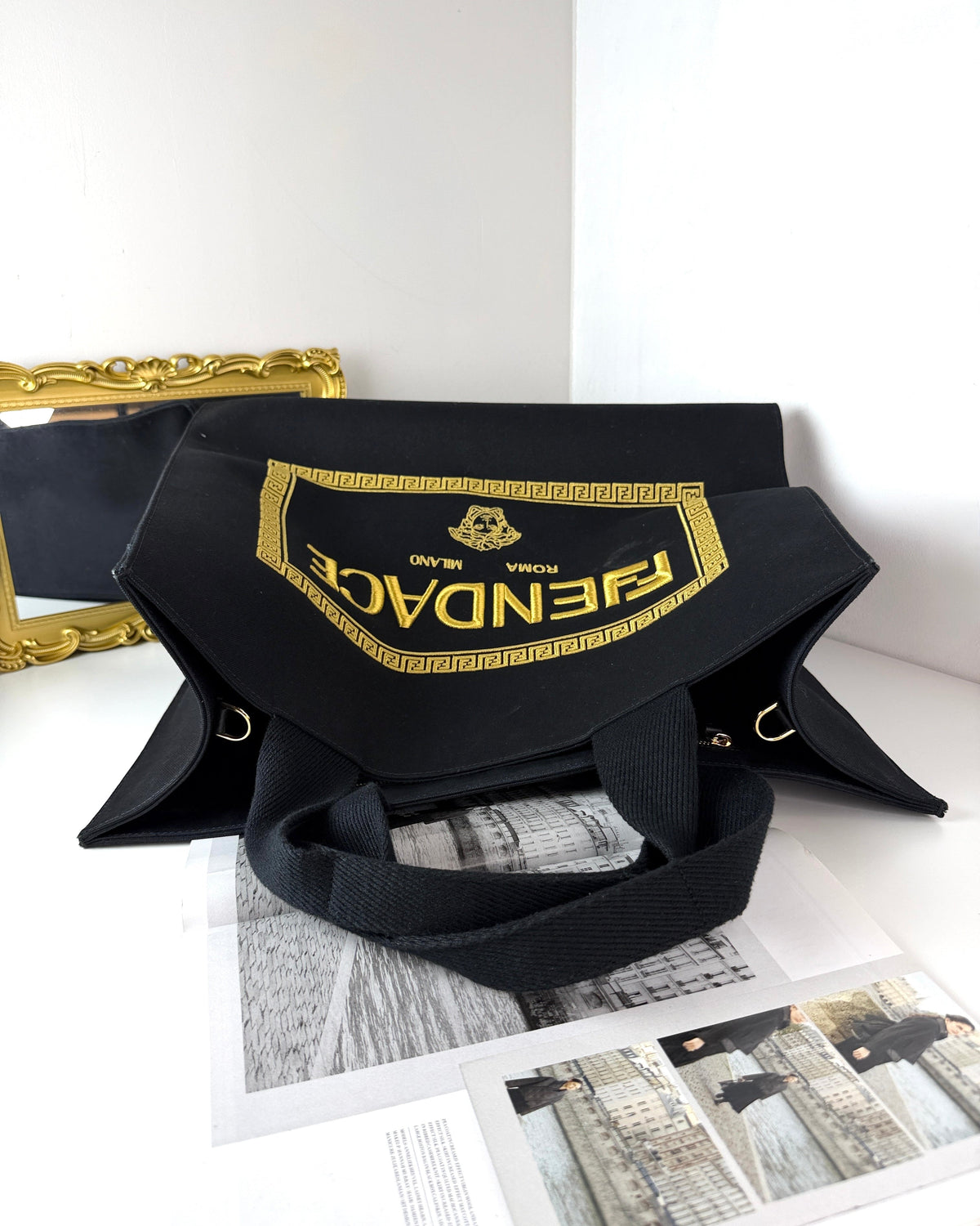 Fendi x Versace Fendace Logo Canvas Shopping Tote Bag - Black - View 6