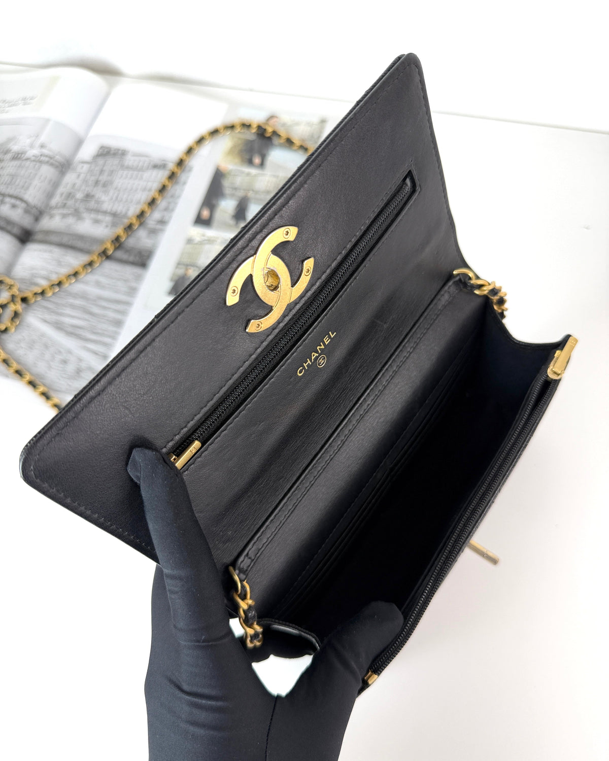 Chanel Caviar Quilted Camellia Wallet on Chain - Black, Gold Hardware - View 7