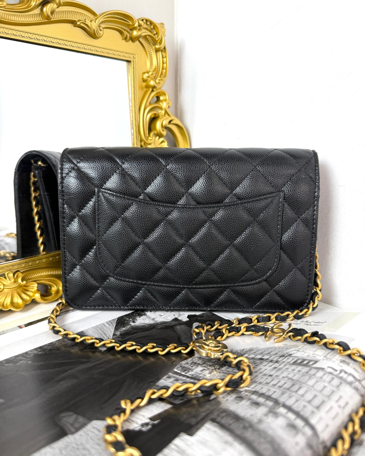 Chanel Caviar Quilted Camellia Wallet on Chain - Black, Gold Hardware - View 2