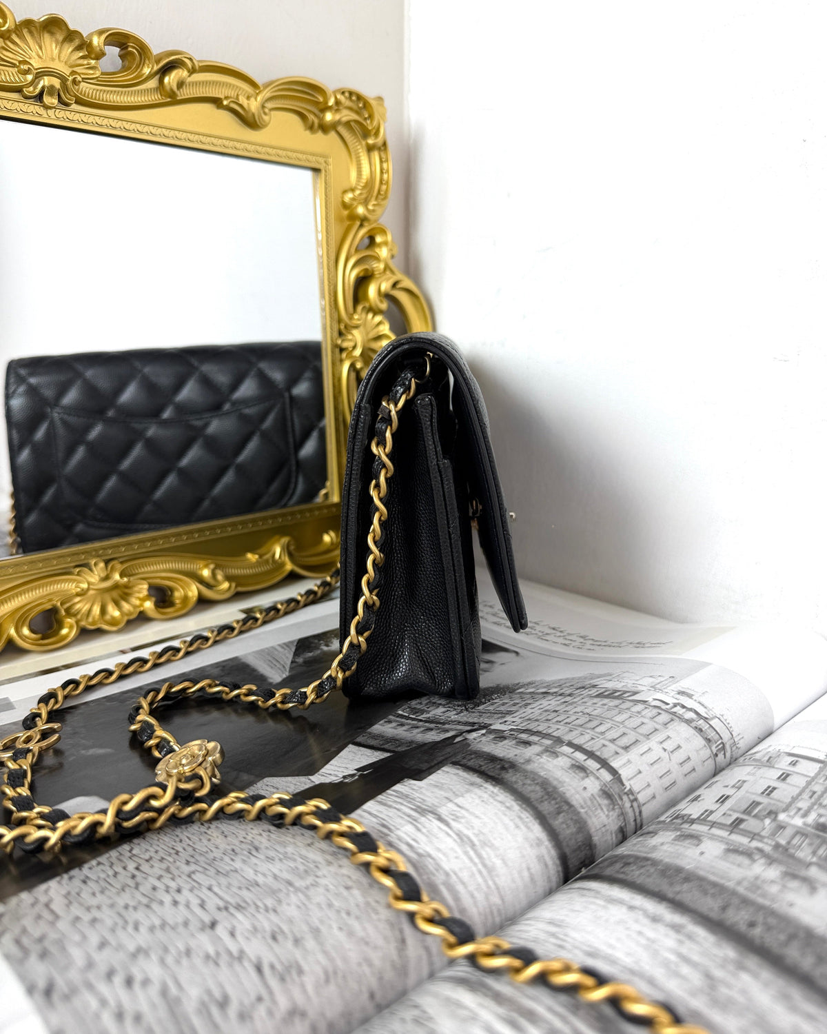 Chanel Caviar Quilted Camellia Wallet on Chain - Black, Gold Hardware - View 3