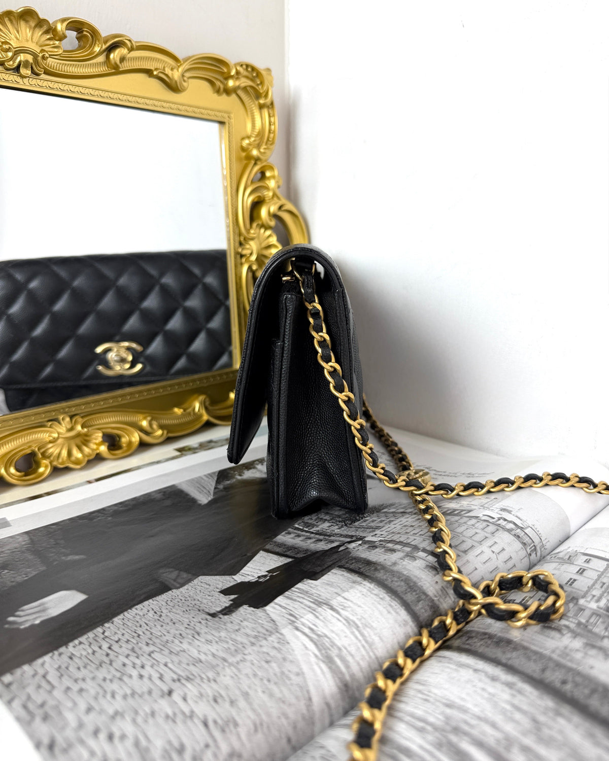 Chanel Caviar Quilted Camellia Wallet on Chain - Black, Gold Hardware - View 4