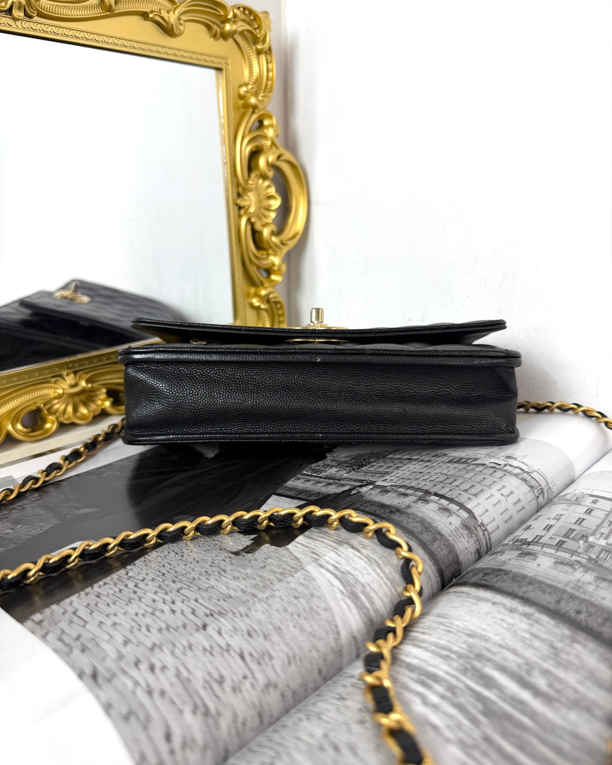 Chanel Caviar Quilted Camellia Wallet on Chain - Black, Gold Hardware - View 5