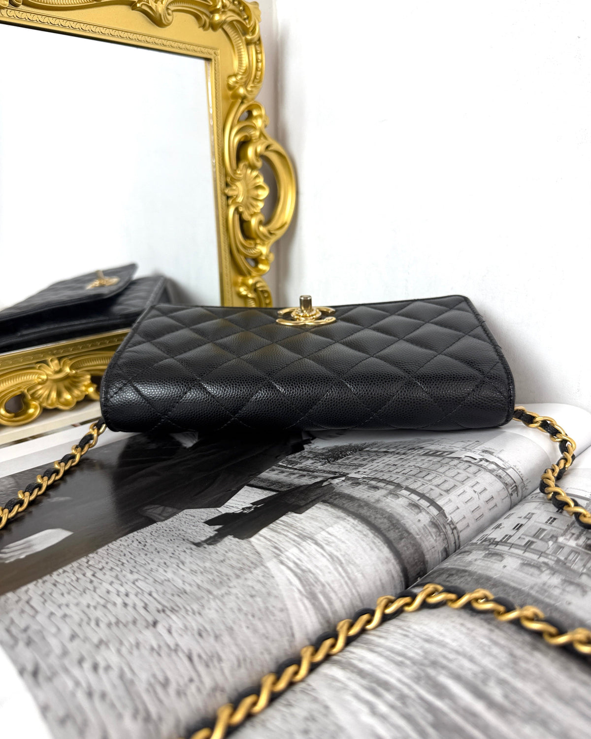 Chanel Caviar Quilted Camellia Wallet on Chain - Black, Gold Hardware - View 6