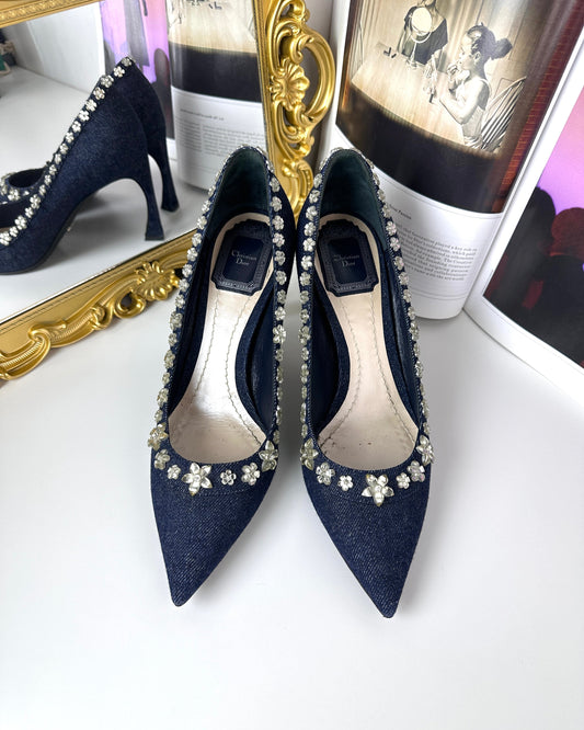 Dior Denim Crystal Garland Pumps - Blue Fonce - View 1