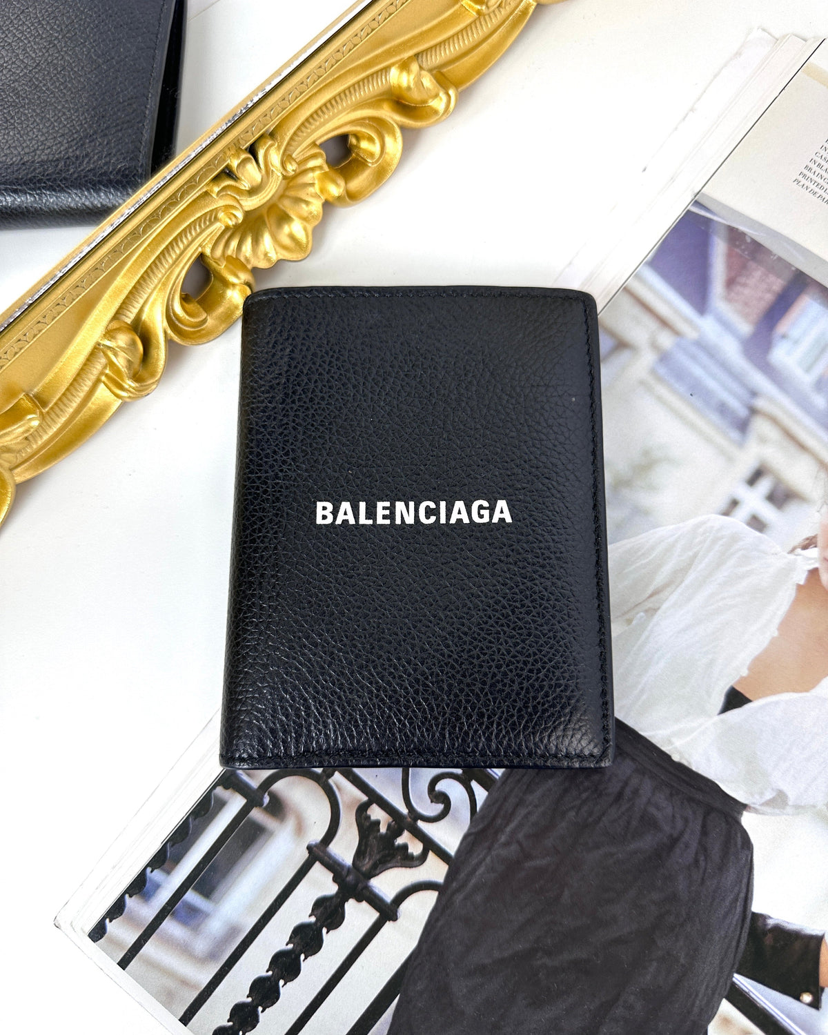 Balenciaga Cash Vertical Bifolded Wallet - Black, White Logo - View 1