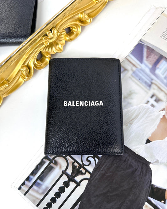 Balenciaga Cash Vertical Bifolded Wallet - Black, White Logo - View 1