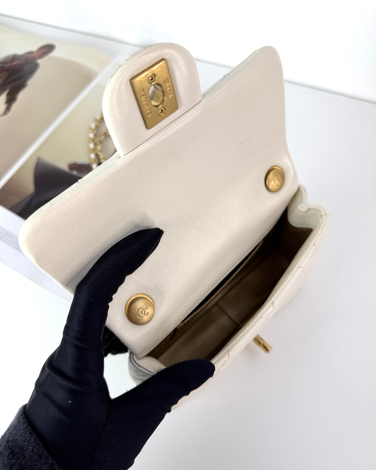 Chanel Mini Flap Bag with Pearl Crush Adjustment - White - View 7
