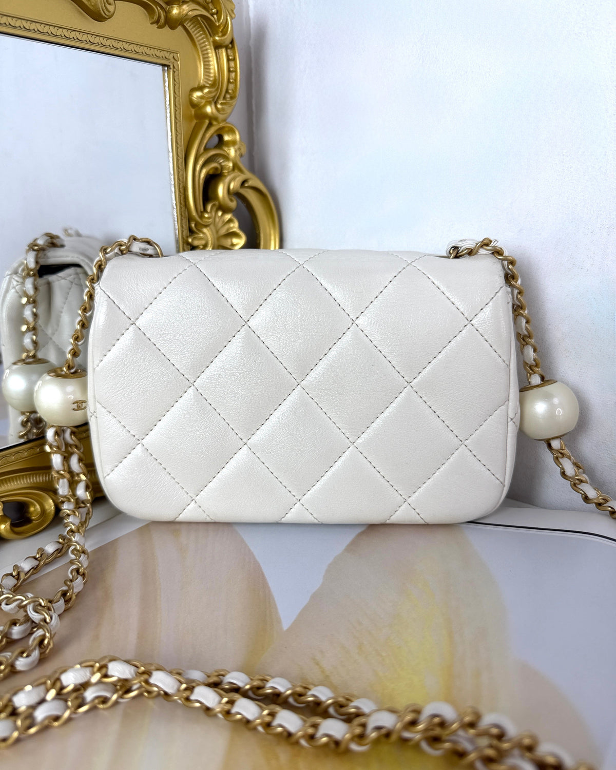 Chanel Mini Flap Bag with Pearl Crush Adjustment - White - View 2