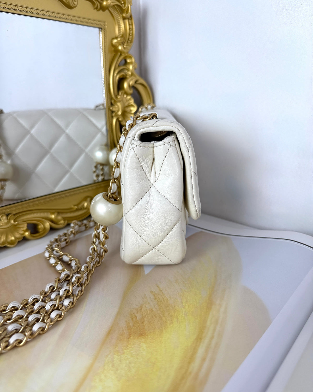 Chanel Mini Flap Bag with Pearl Crush Adjustment - White - View 3