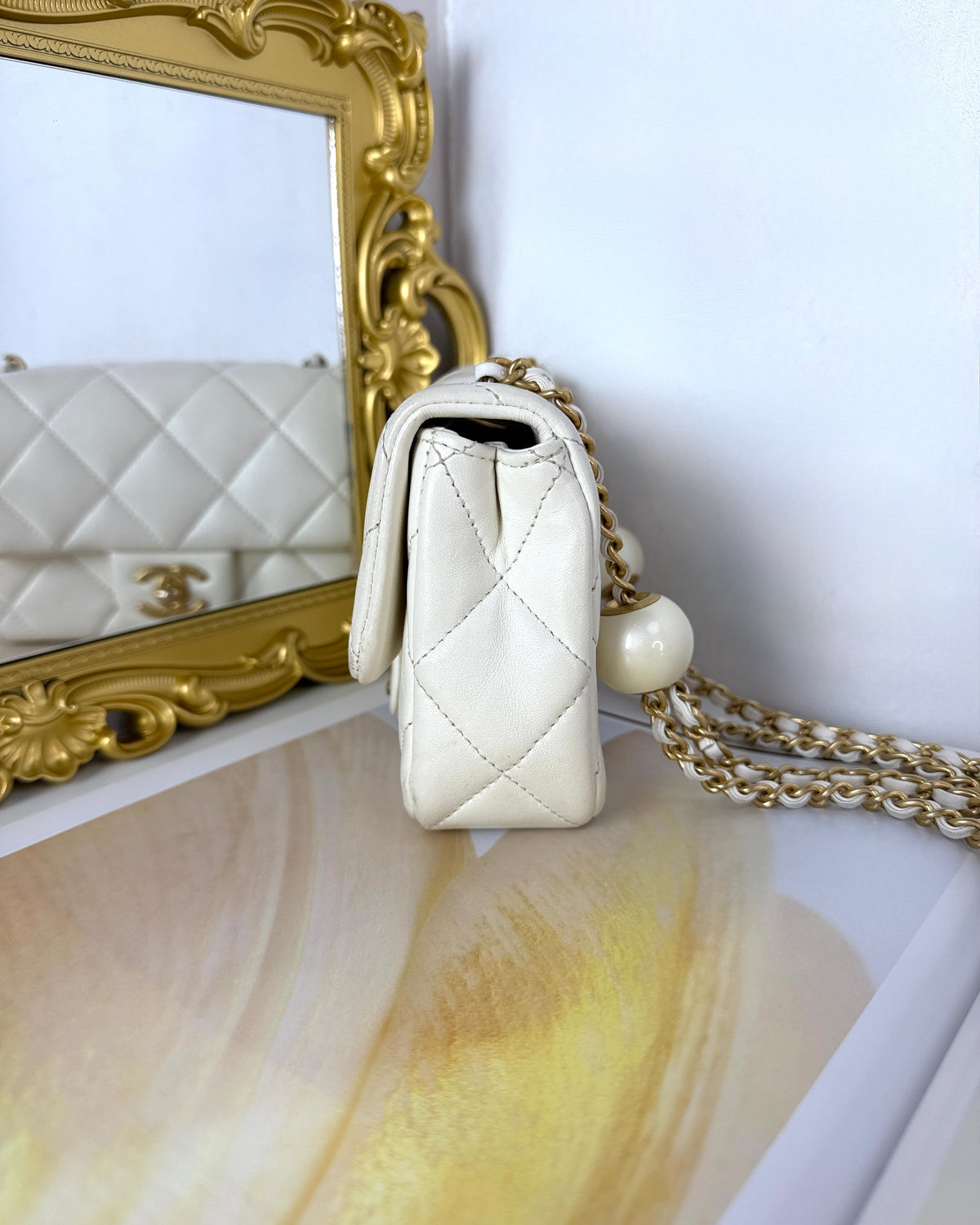 Chanel Mini Flap Bag with Pearl Crush Adjustment - White - View 4