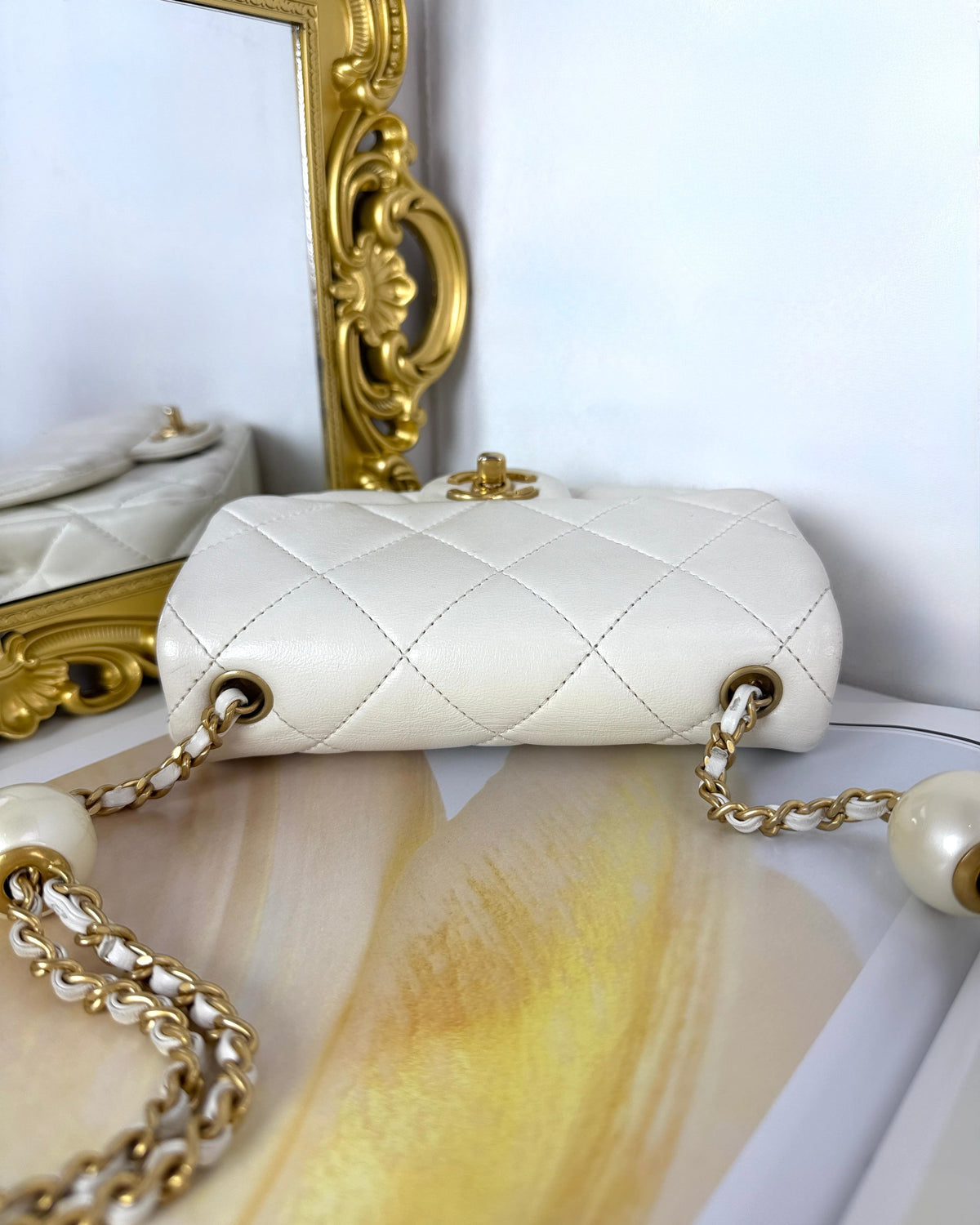 Chanel Mini Flap Bag with Pearl Crush Adjustment - White - View 6