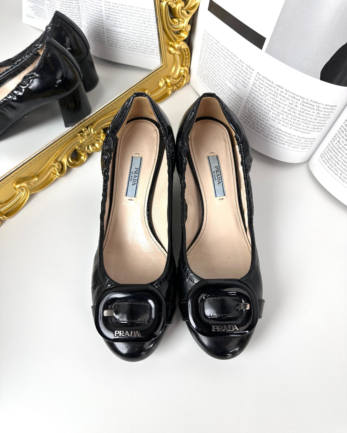 Prada Patent Leather Buckle Block Heel Pumps - Black - View 1