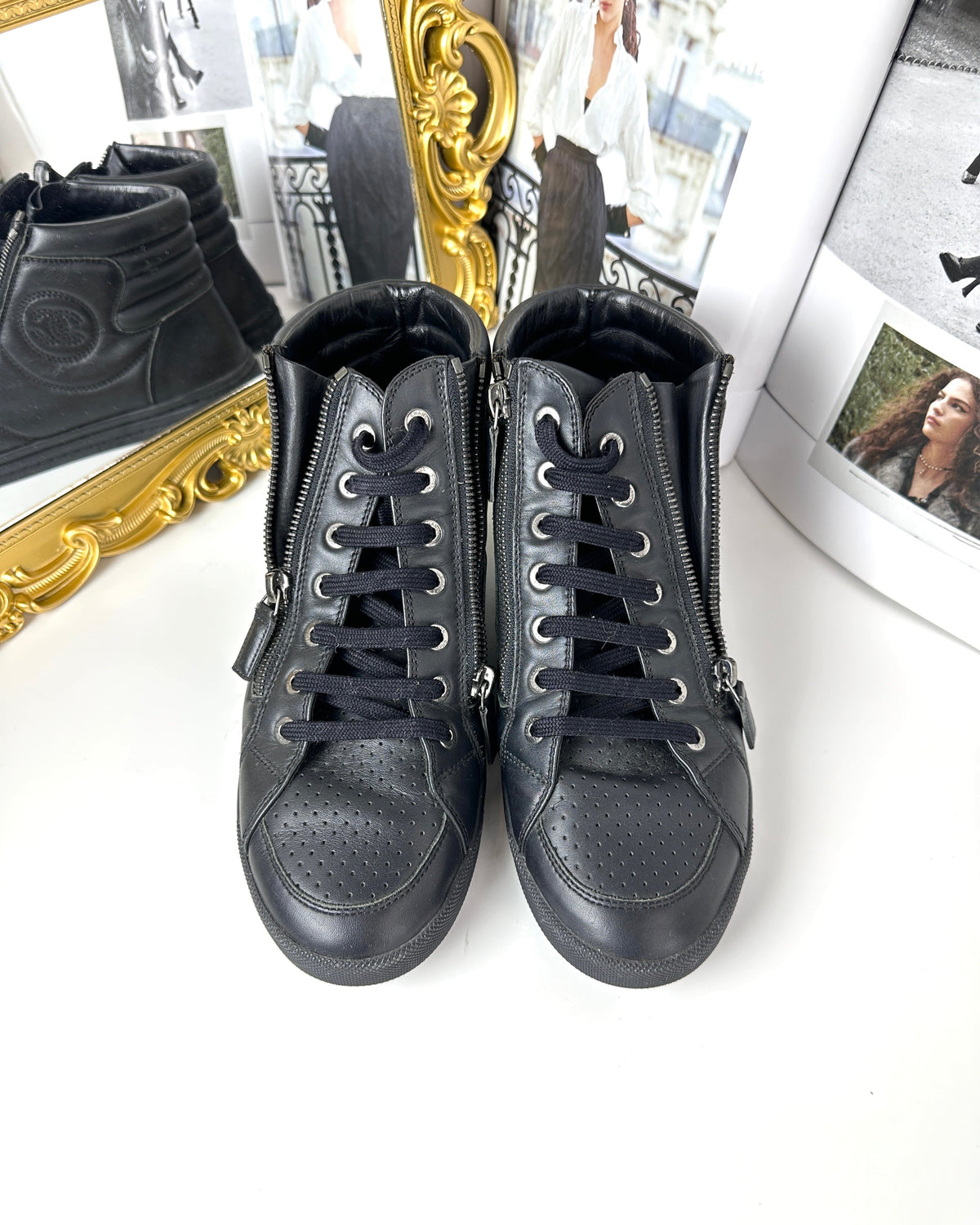 Chanel Black Leather CC Double Zip High-Top Sneakers - Black/ Silver-Tone Hardware - View 1