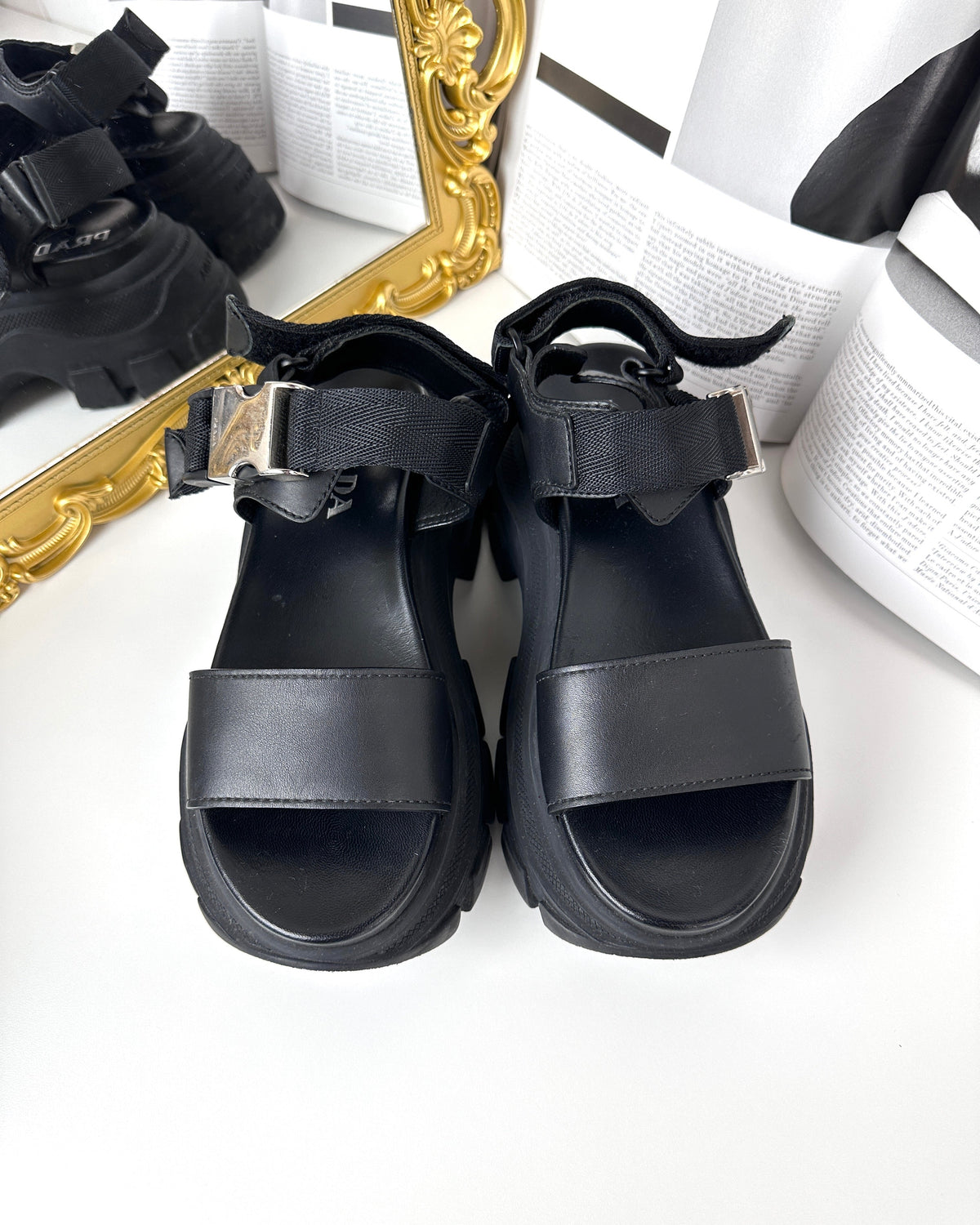 Prada Sporty Leather and Nylon Tape Sandals - Black - View 1