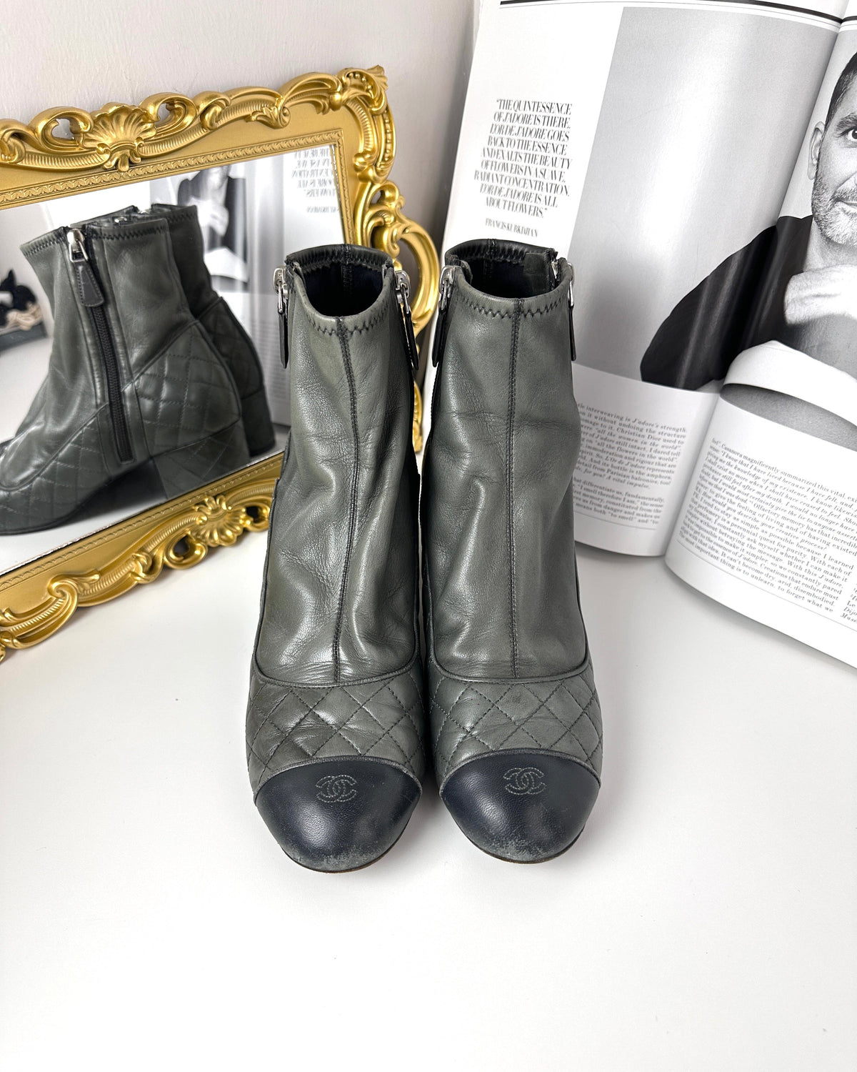 Chanel Matelassê Short Boots - Grey & Black - View 1