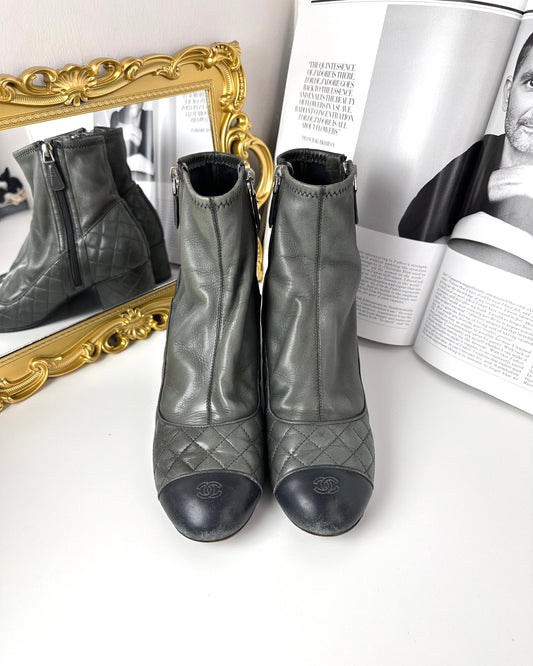 Chanel Matelassê Short Boots - Grey & Black - View 1