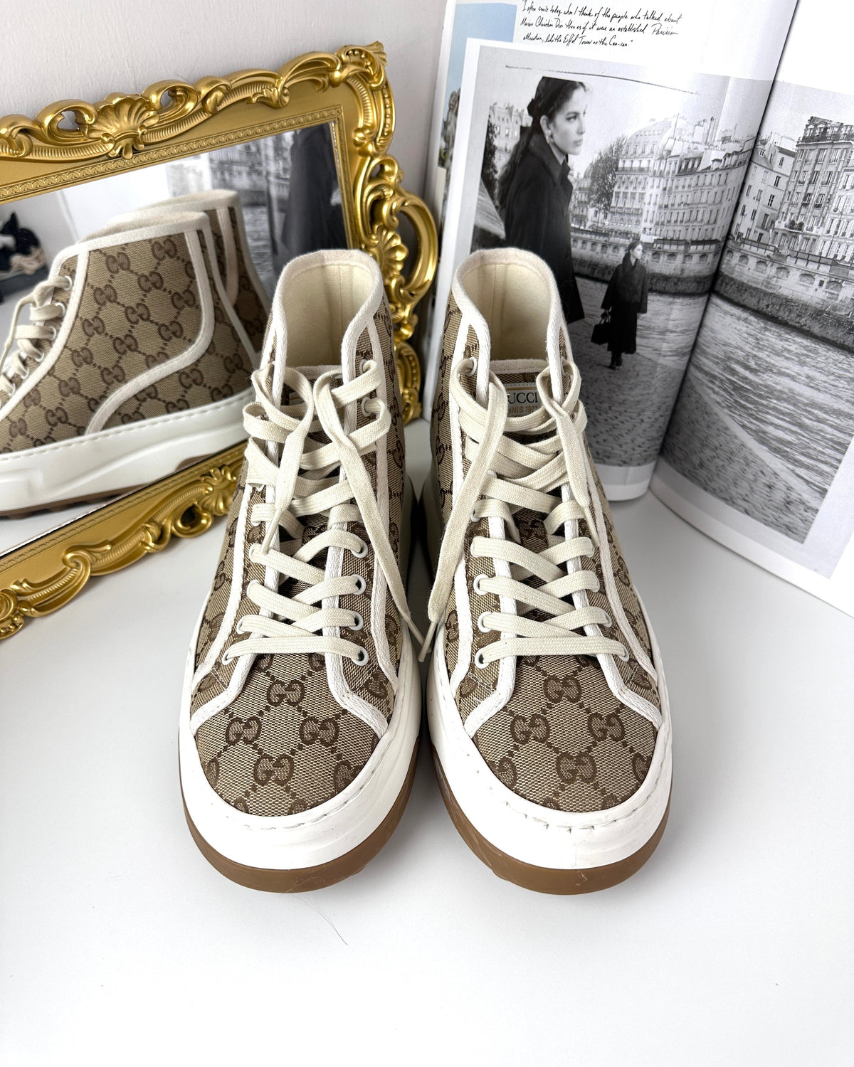 Gucci GG High-Top Canvas Sneaker - Beige & Ebony/ Mystic White - View 1