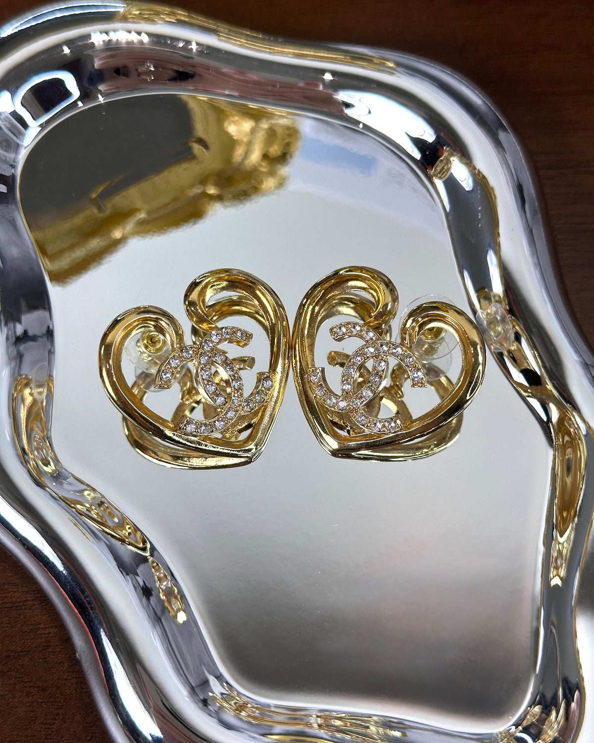 Chanel Crystal CC Logo Heart Stud Earrings - Light Gold, Crystal - View 1