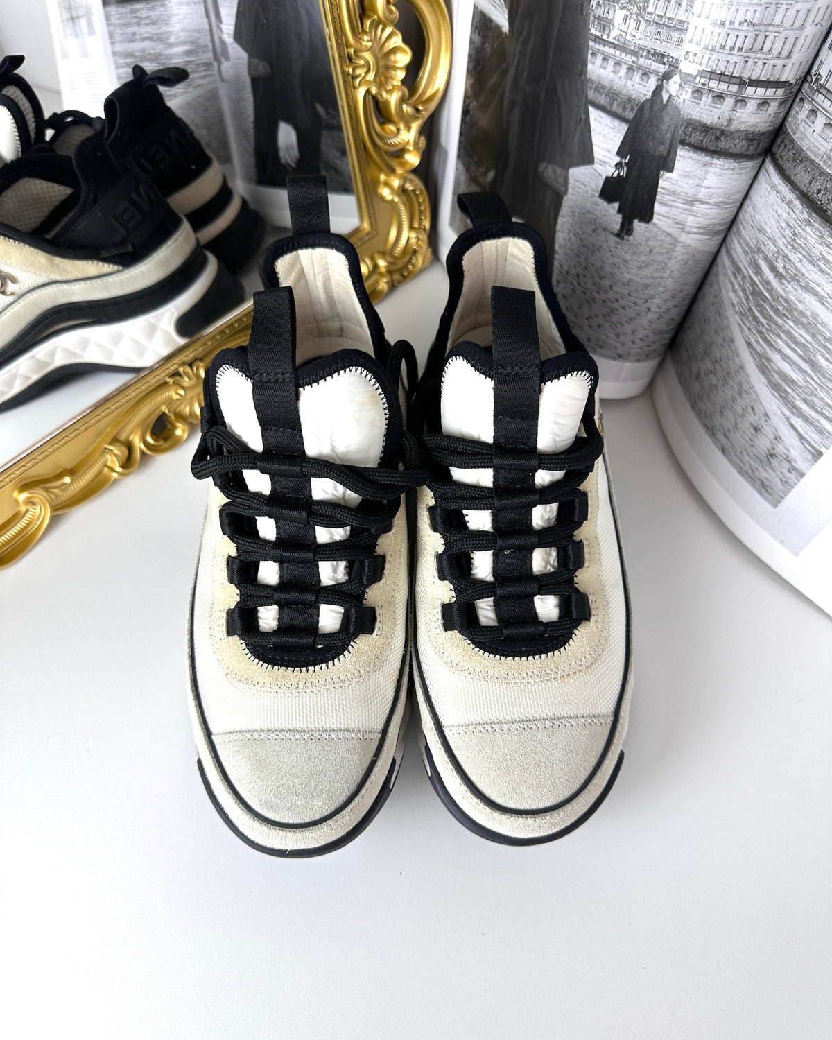 Chanel Velvet Calfskin & Mixed Fibres Sneakers - Ivory, Black - View 1