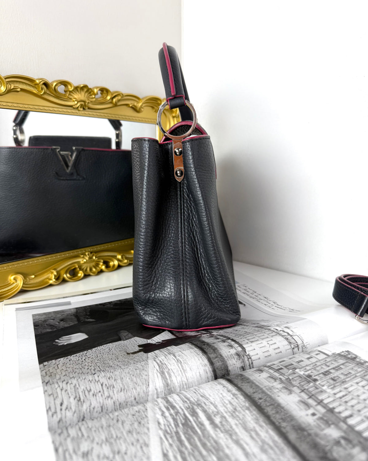 Louis Vuitton Capucines BB Bag - Black With Fuchsia Trim - View 3