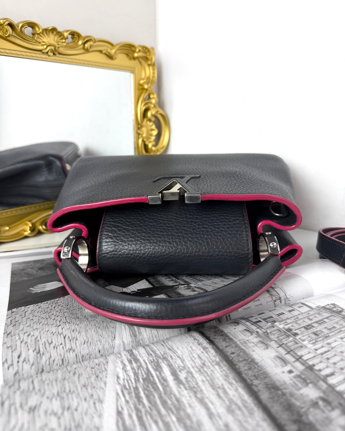 Louis Vuitton Capucines BB Bag - Black With Fuchsia Trim - View 6