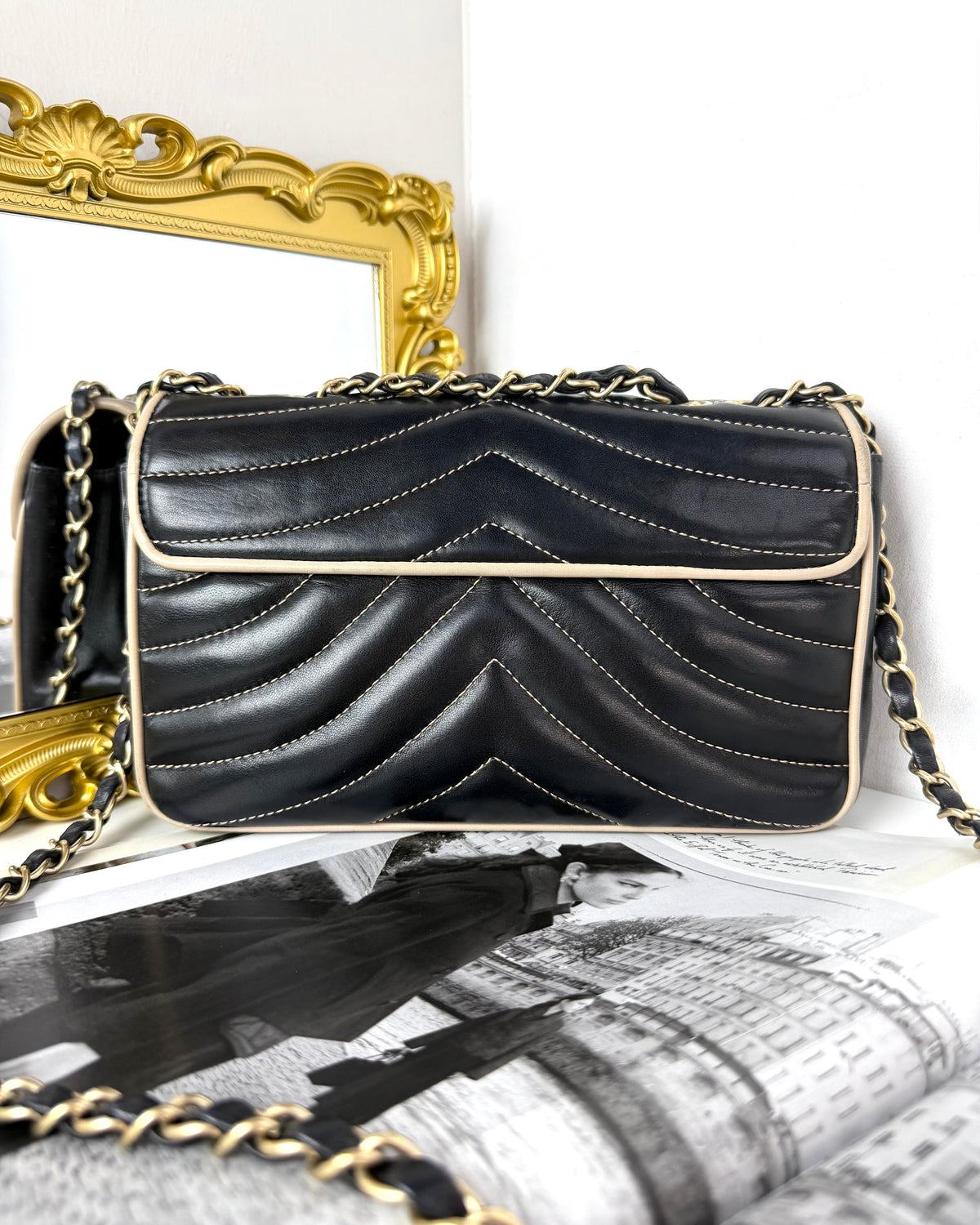 Chanel Bicolor Chevron Contrast Stitch East West Flap Bag - View 2