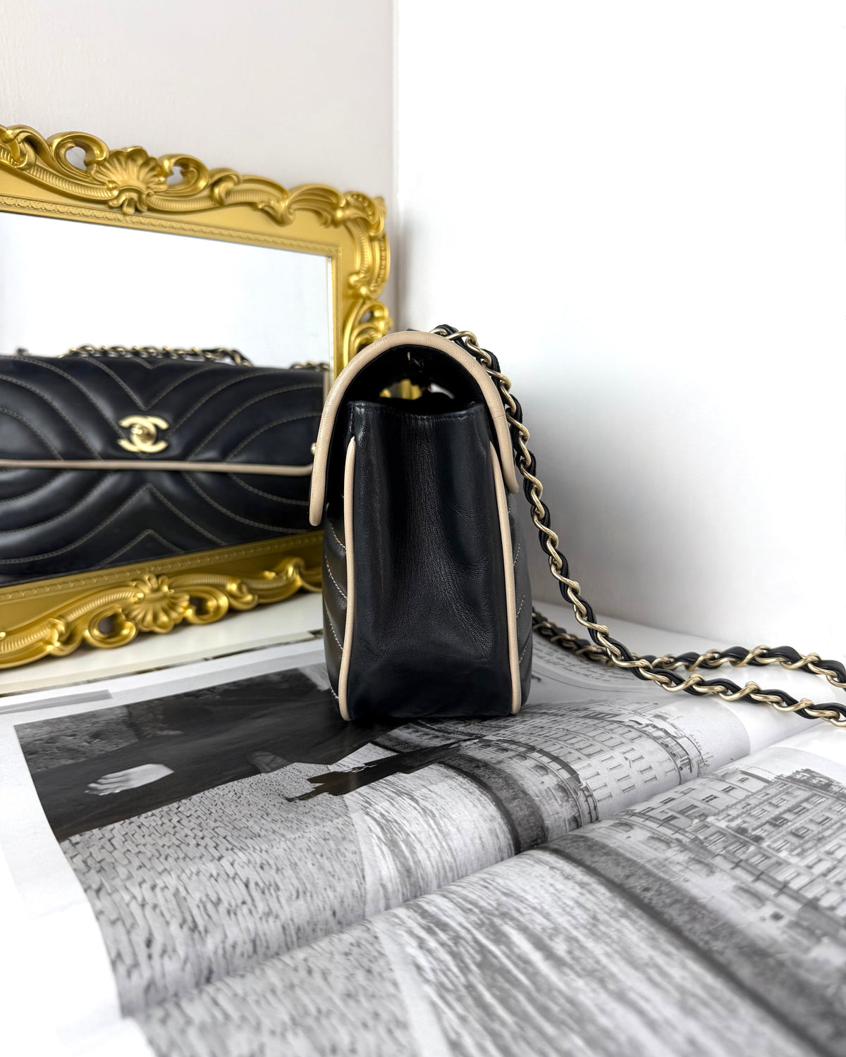 Chanel Bicolor Chevron Contrast Stitch East West Flap Bag - View 3