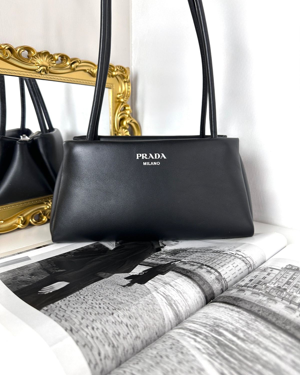 Prada Medium Leather Shoulder Bag - Black - View 1