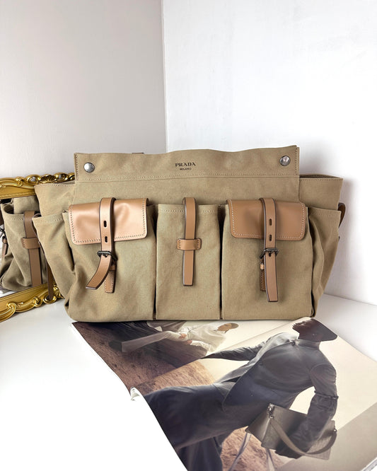Prada Route Canvas and Leather Tote Bag - Khaki - View 1