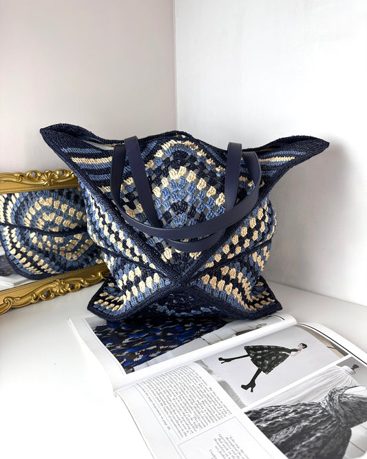 Loewe XL Puzzle Fold Tote in Raffia - Navy, Sky Blue - View 1