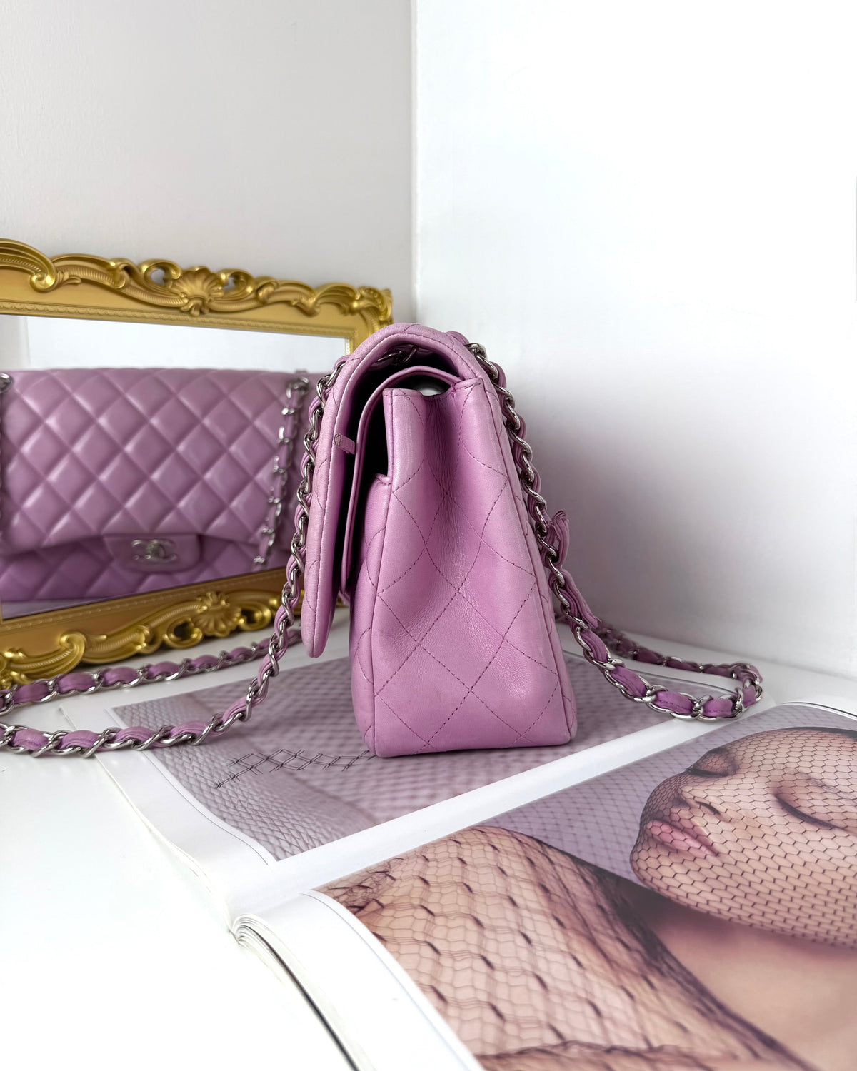 Chanel Classic Jumbo Double Flap Bag - Lilac With Silver Hardware - View 3