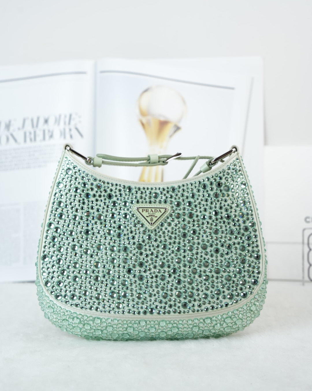 Prada Cleo Satin Crystal Appliqué Bag - Acqua (Light Green) - View 1