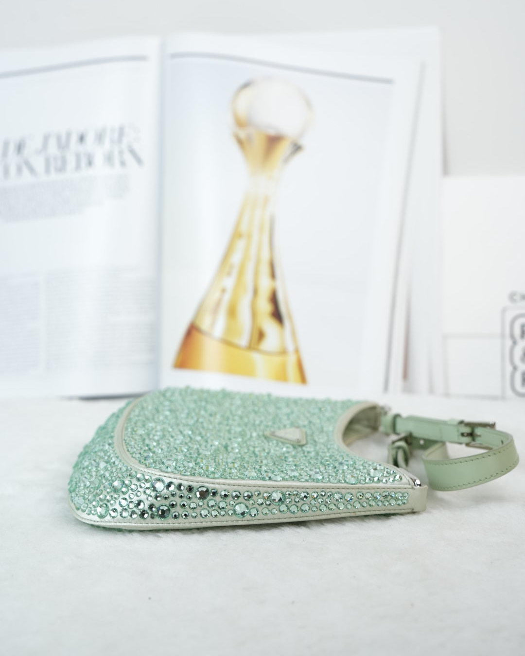 Prada Cleo Satin Crystal Appliqué Bag - Acqua (Light Green) - View 3