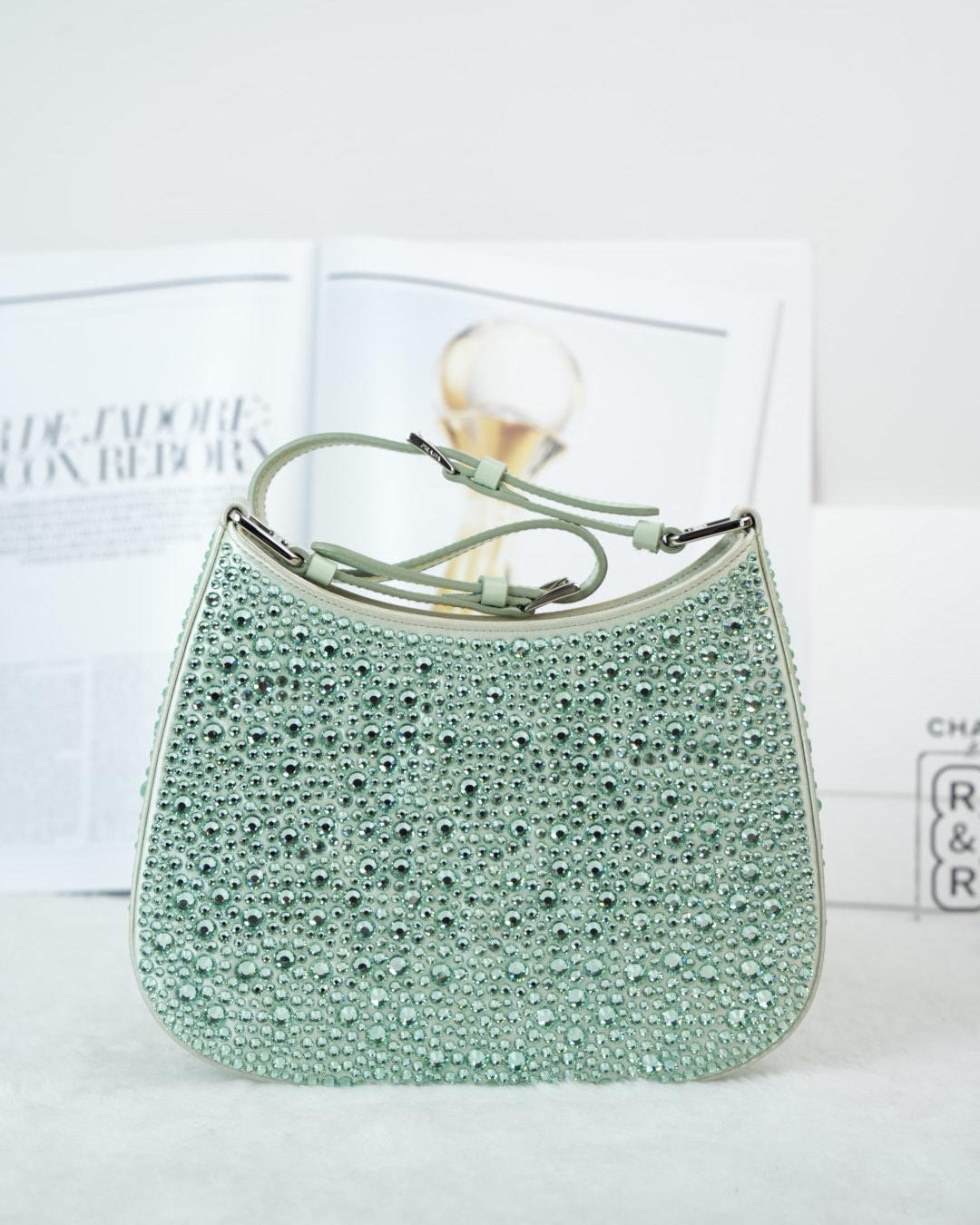 Prada Cleo Satin Crystal Appliqué Bag - Acqua (Light Green) - View 2