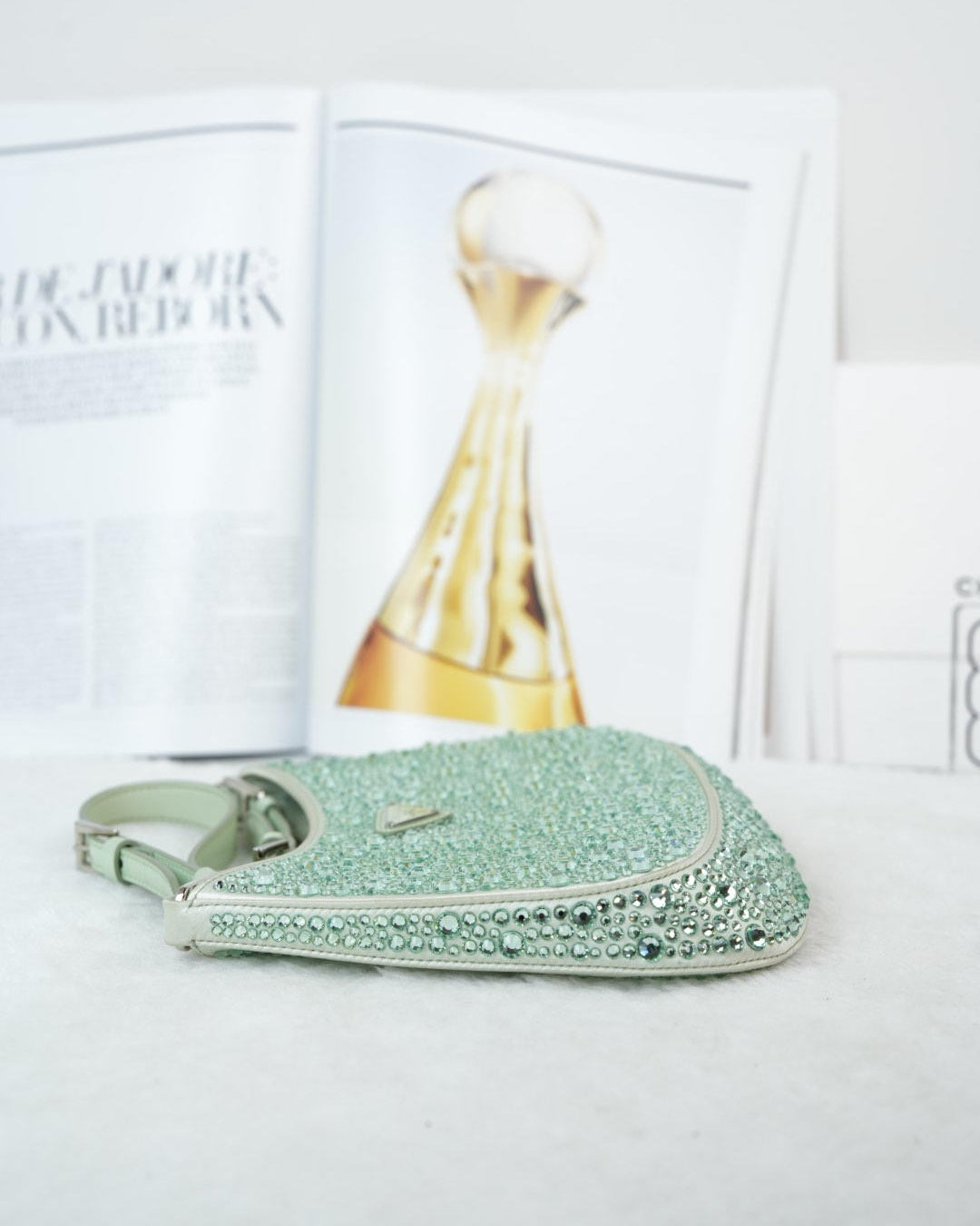 Prada Cleo Satin Crystal Appliqué Bag - Acqua (Light Green) - View 4